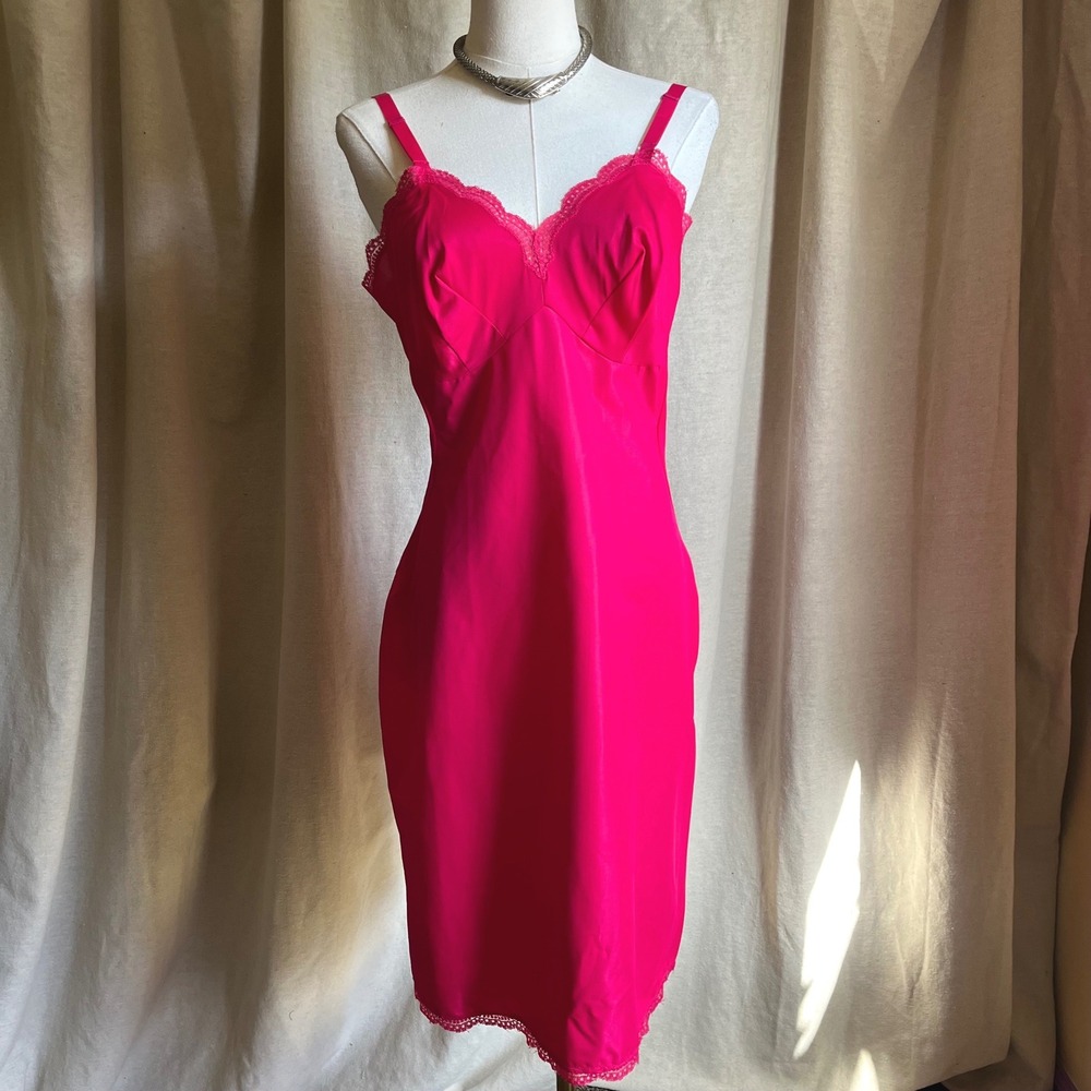 Vintage Hot Pink Satin Full Slip Dress Lingerie Neon Lace Trim Nightgown 34
